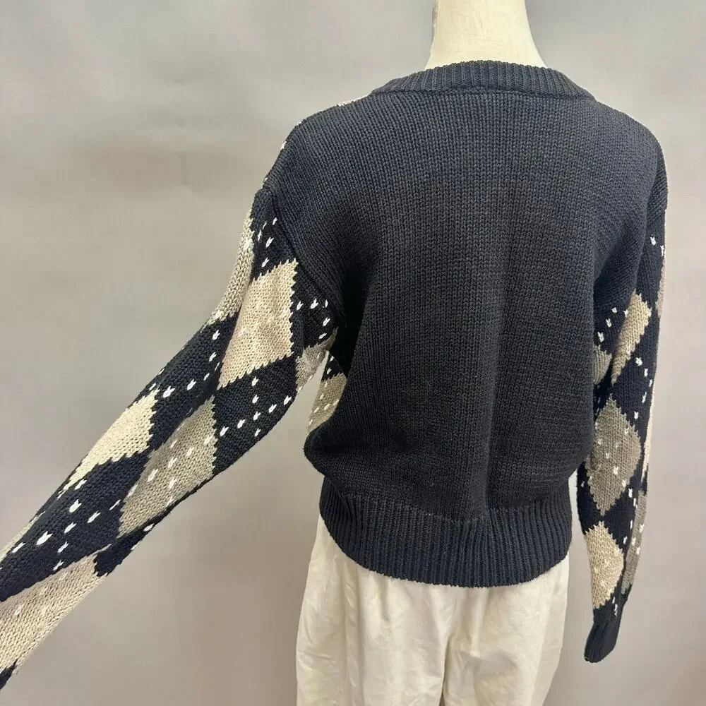 Vintage‎ Lizsport Argyle Sweater Women’s Small – Ramie Cotton Knit Oversized Fit